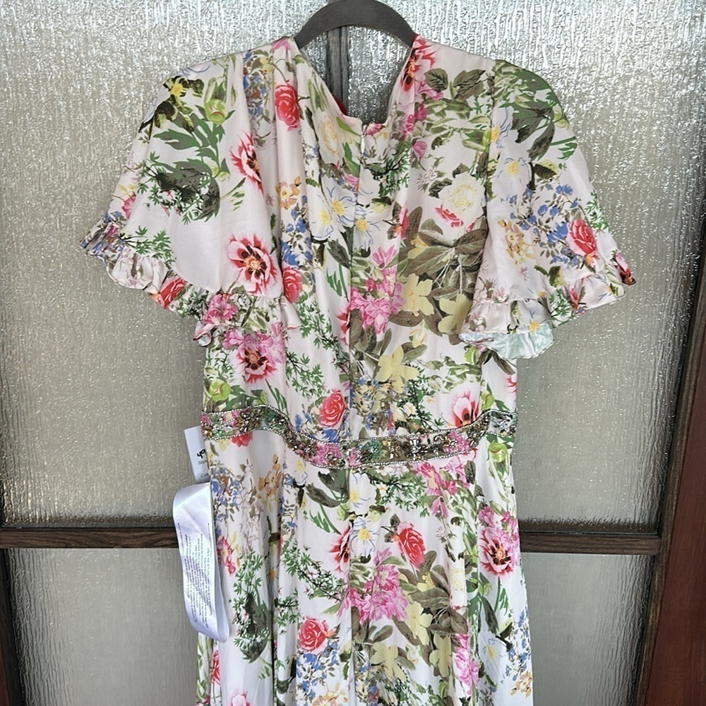 Mac Duggal FLORAL PRINT FAUX WRAP FLUTTER SLEEVE A LINE GOWN size 12 $498 - Picture 13 of 15